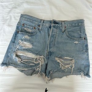 Levi’s 501 high waisted blue distressed denim shorts 27
